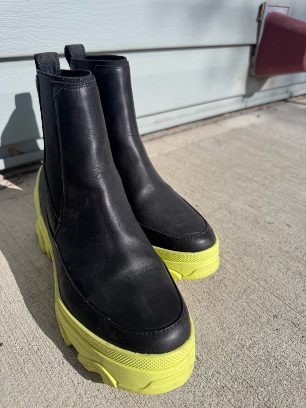Sorel Black Leather Chelsea Boots with Neon Yellow Platform